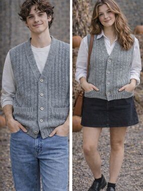 Vintage 70s Grandpa Core Gray Knit Sweater Vest USA Oversized academia